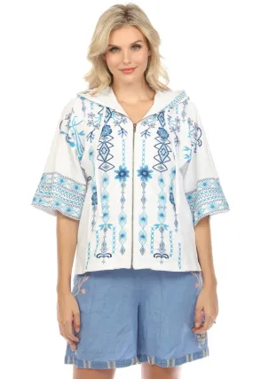 Johnny Was JWLA White Embroidered Zip Front Hooded Jacket Boho Chic J40924