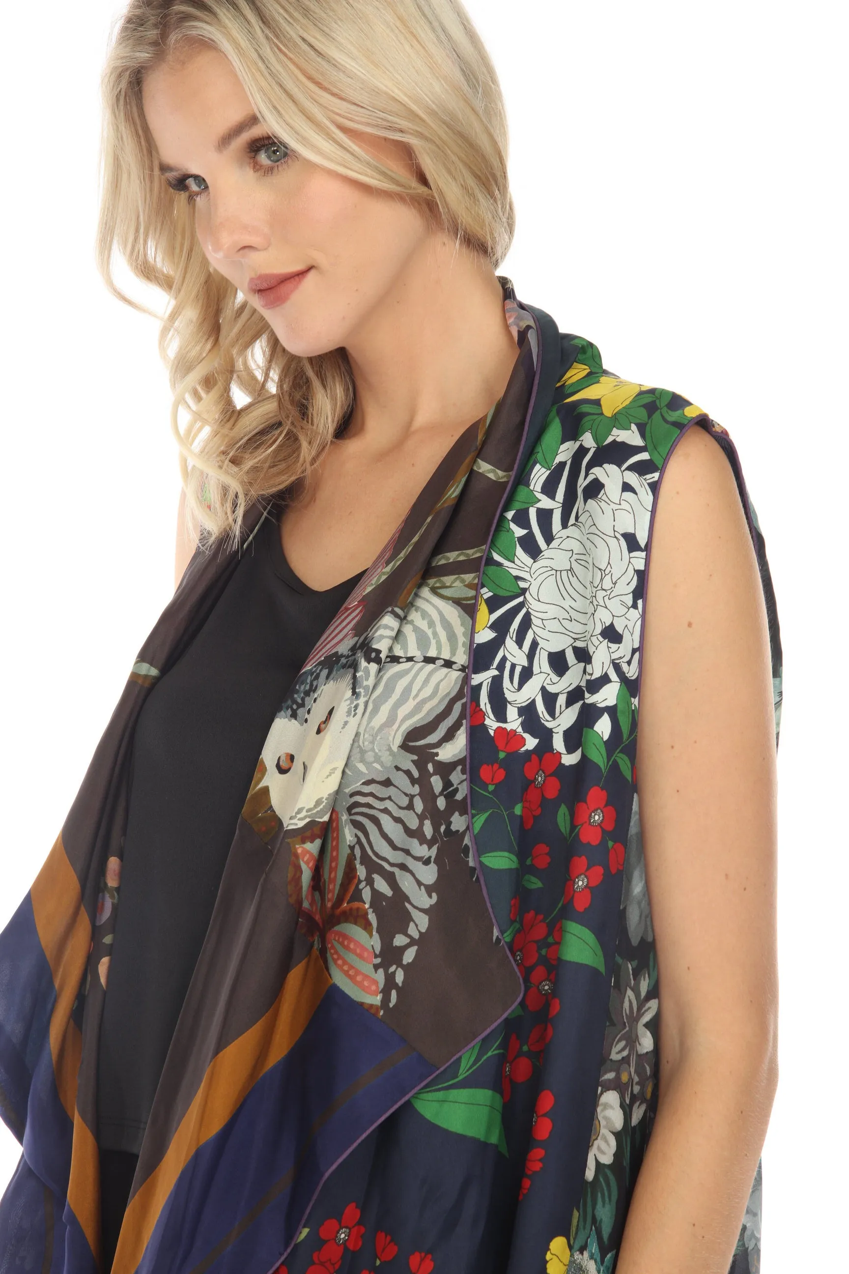 Johnny Was Owl Gale Silk Printed Reversible Long Vest Boho Chic C42922 NEW