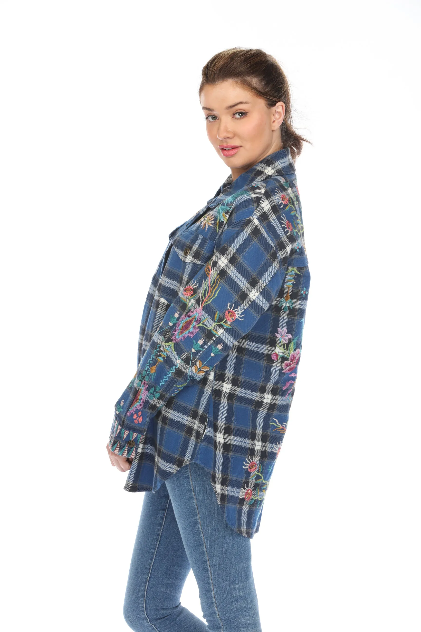 Johnny Was Workshop Blue Plaid Gabriella Oversized Shirt Jacket Boho Chic W44123