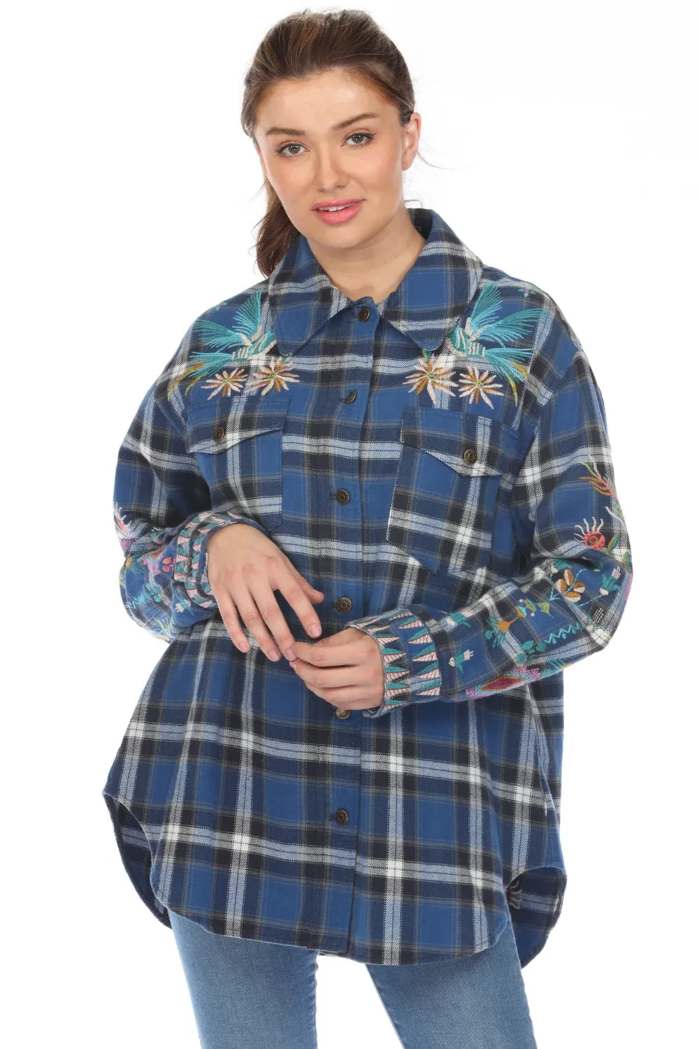 Johnny Was Workshop Blue Plaid Gabriella Oversized Shirt Jacket Boho Chic W44123