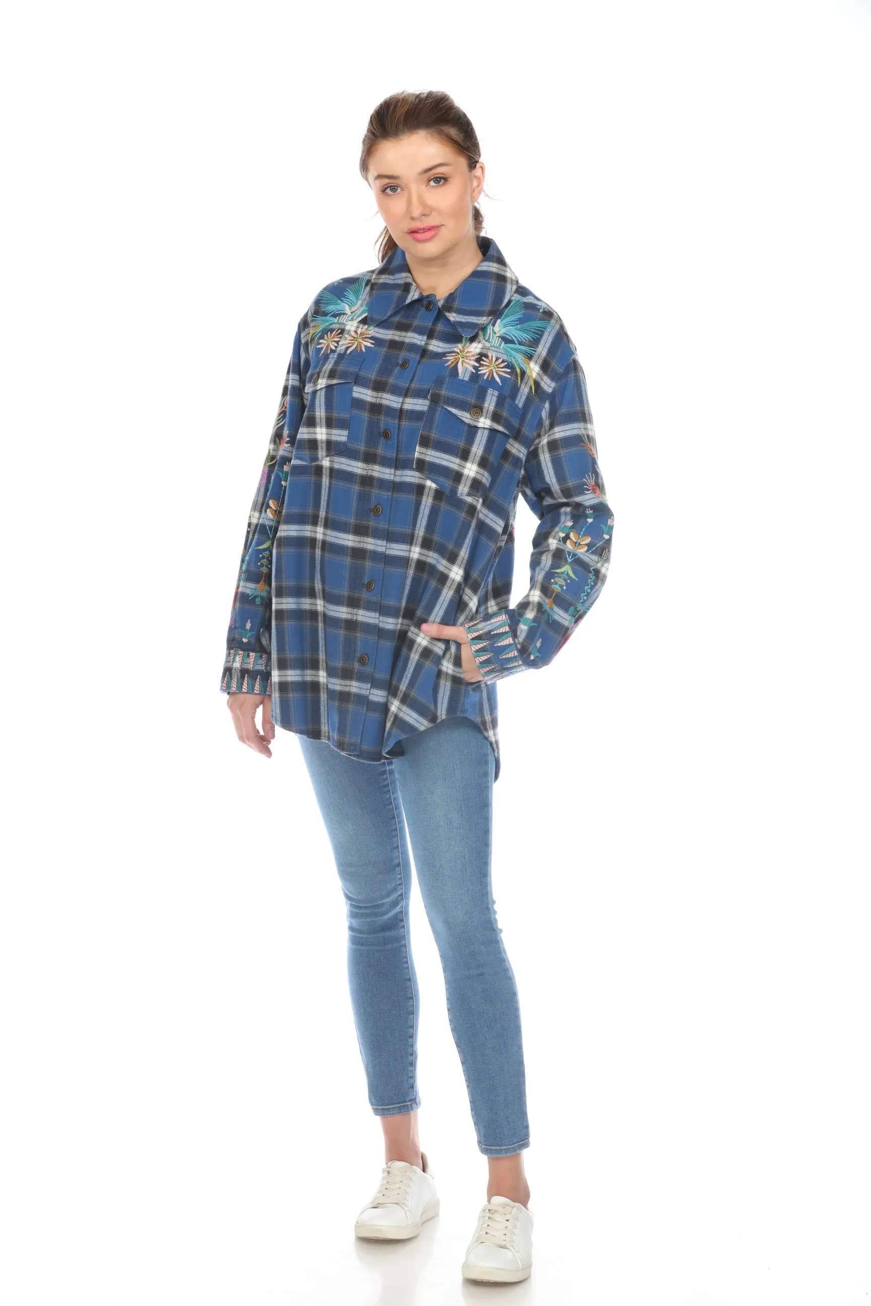 Johnny Was Workshop Blue Plaid Gabriella Oversized Shirt Jacket Boho Chic W44123