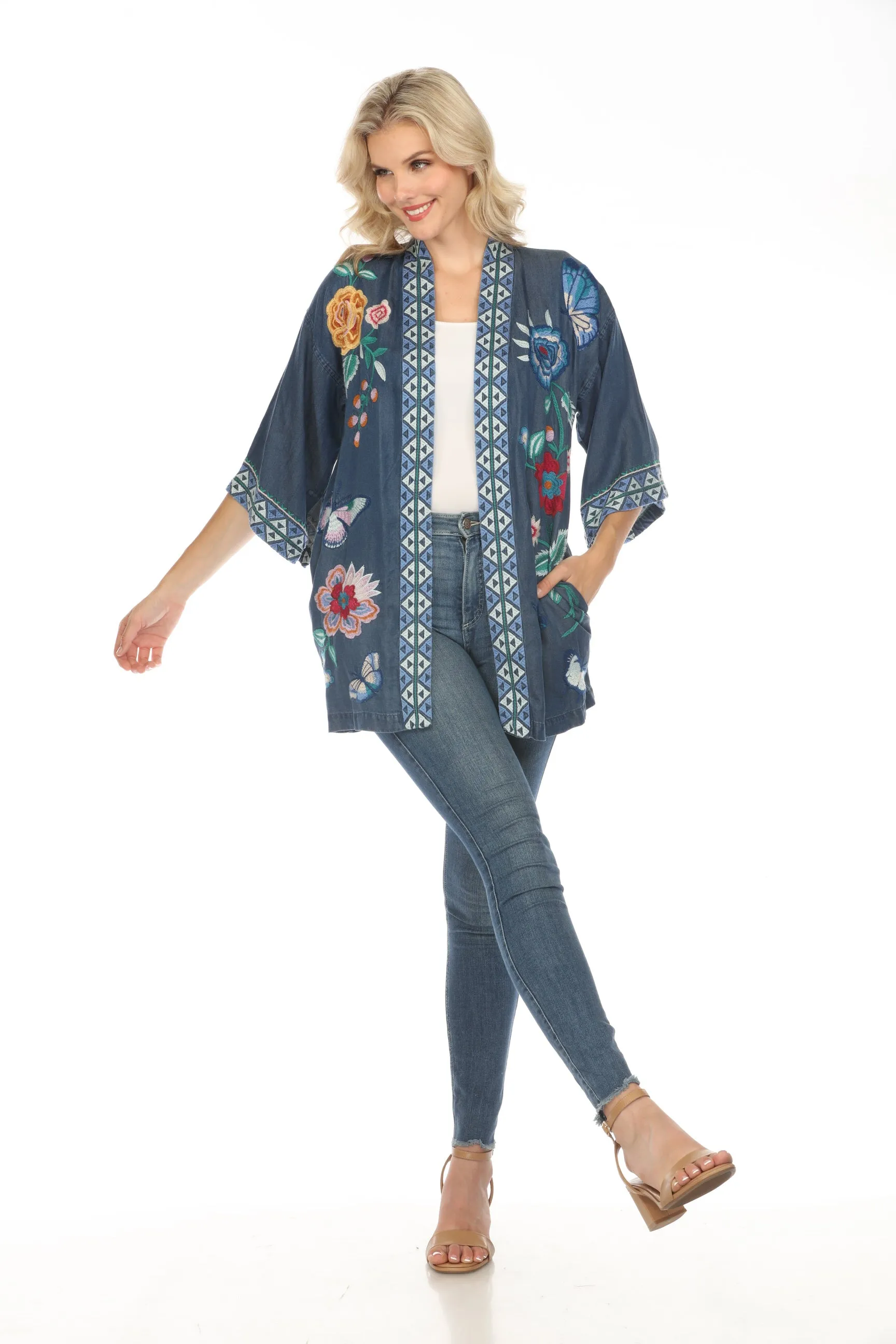 Johnny Was Workshop Denim Blue Taymia Embroidered Kimono Boho Chic W47024