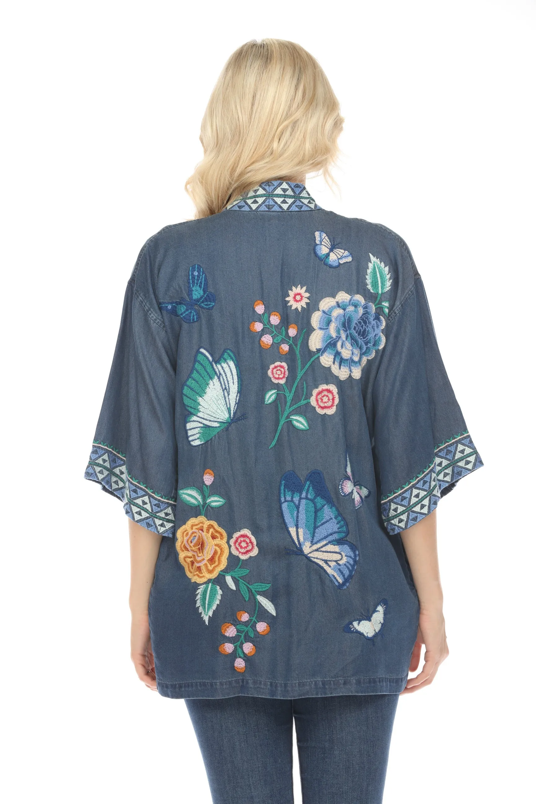 Johnny Was Workshop Denim Blue Taymia Embroidered Kimono Boho Chic W47024