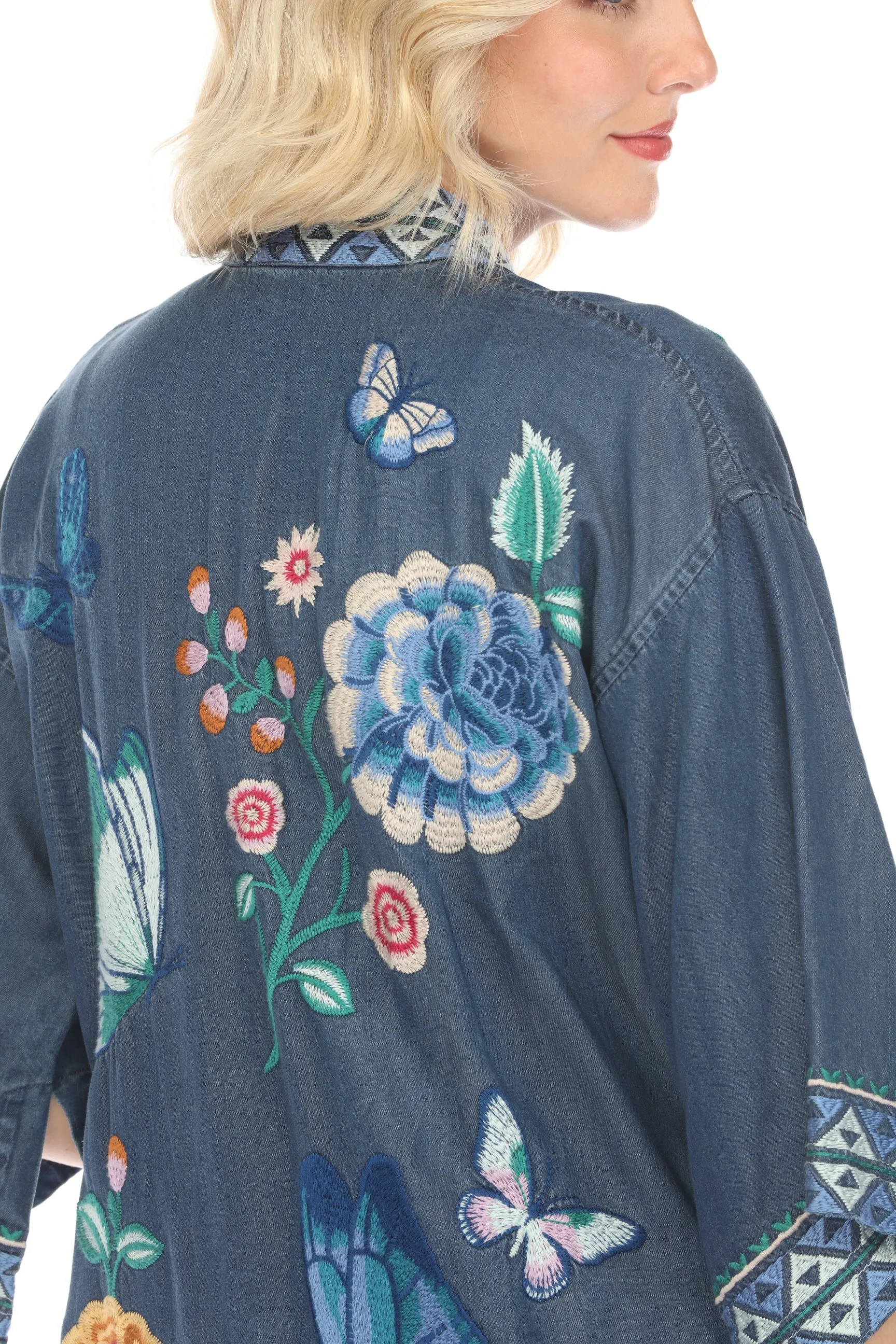 Johnny Was Workshop Denim Blue Taymia Embroidered Kimono Boho Chic W47024