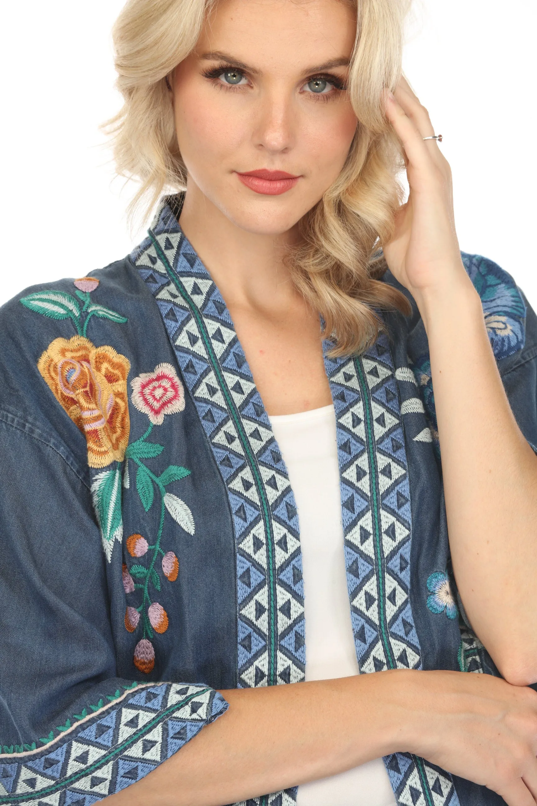 Johnny Was Workshop Denim Blue Taymia Embroidered Kimono Boho Chic W47024