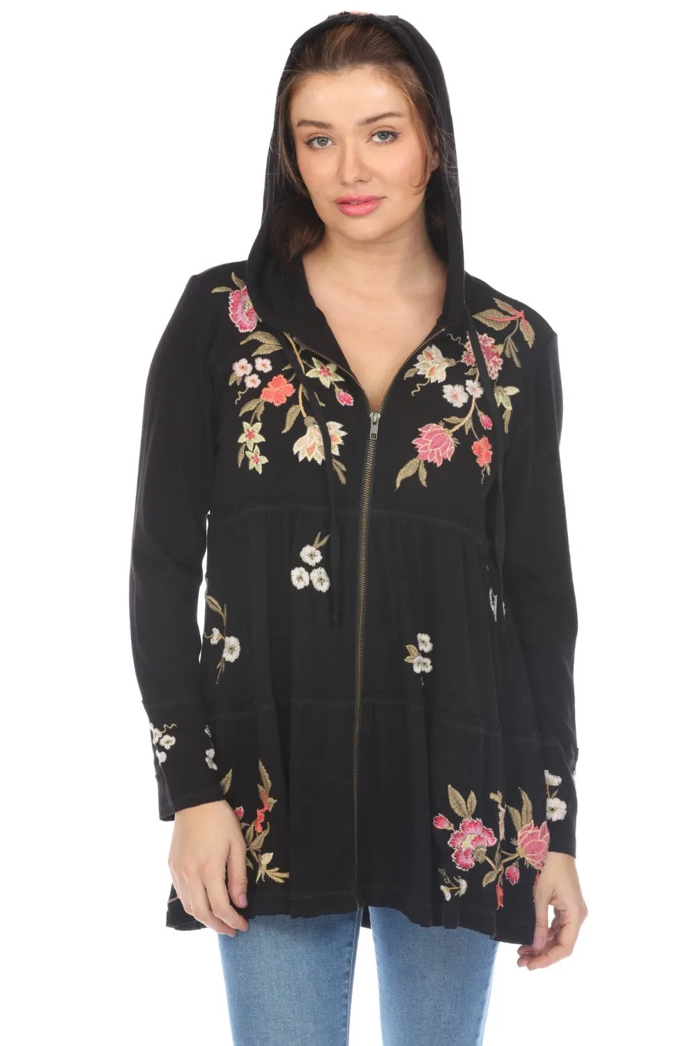 Johnny Was Zuzu Tiered Zip Front Hoodie Boho Chic R49423