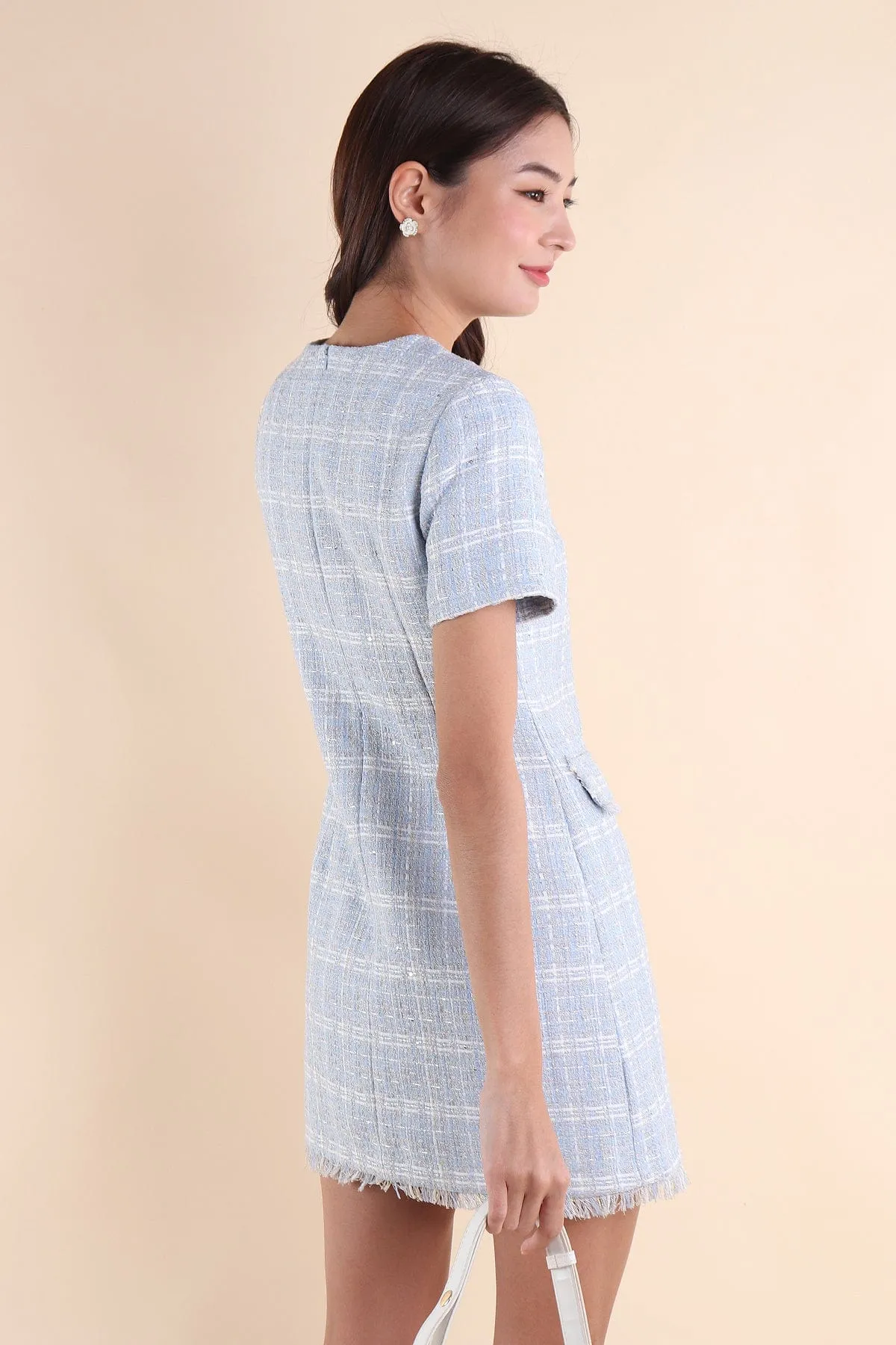 LEIGH TWEED SHIFT DRESS IN SKY