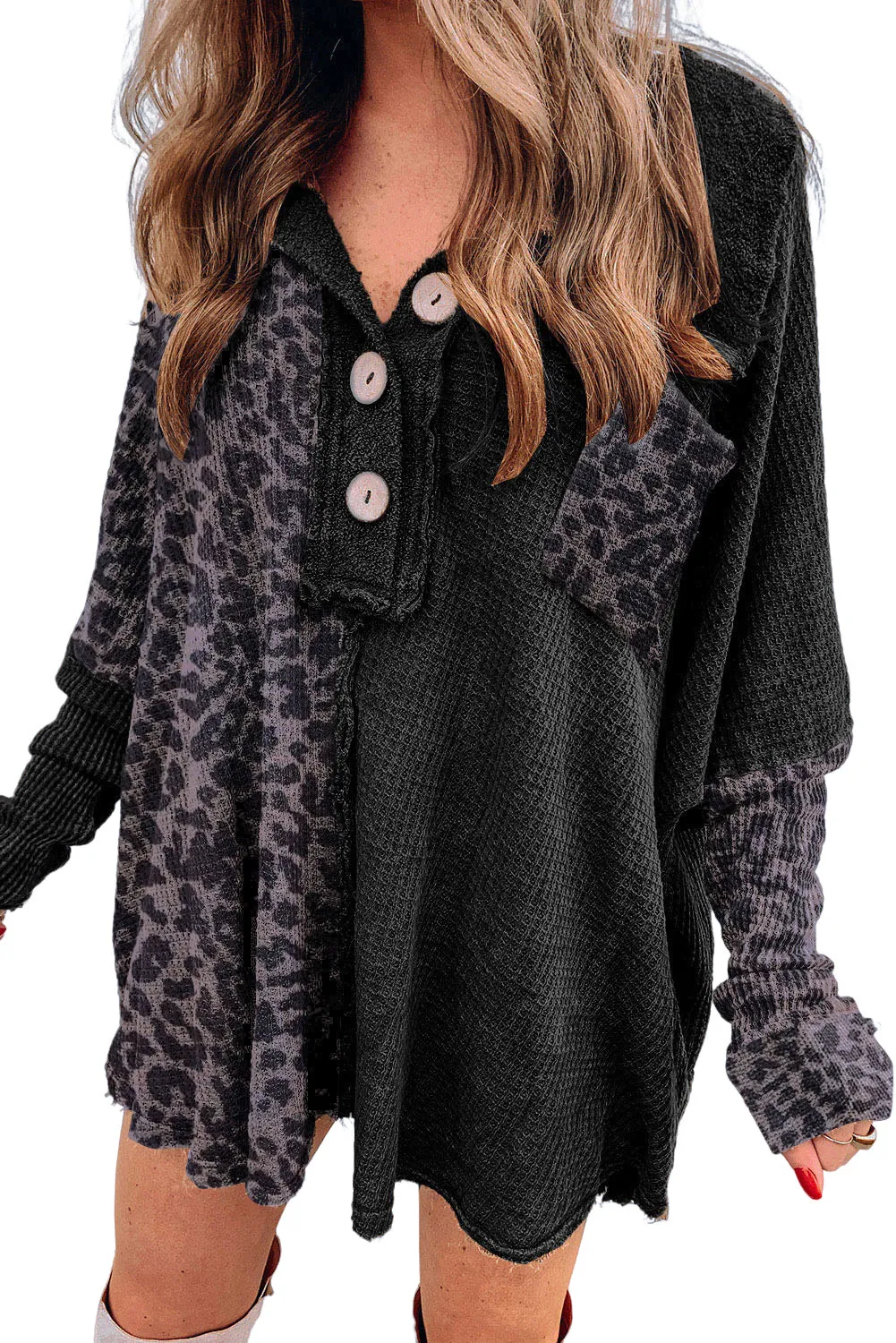 Leopard Colorblock Waffle Buttoned Blouse