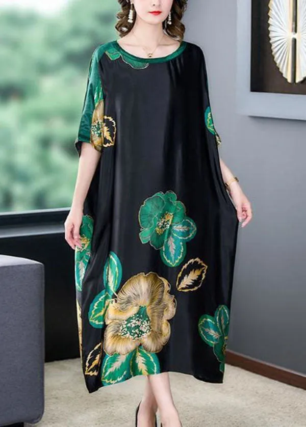 Loose Black O Neck Print Patchwork Silk Dresses Batwing Sleeve LY4541