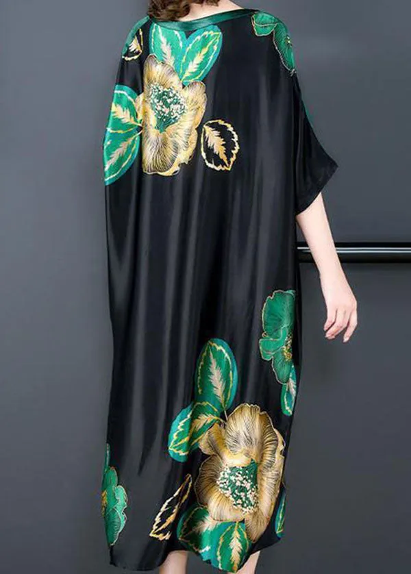 Loose Black O Neck Print Patchwork Silk Dresses Batwing Sleeve LY4541