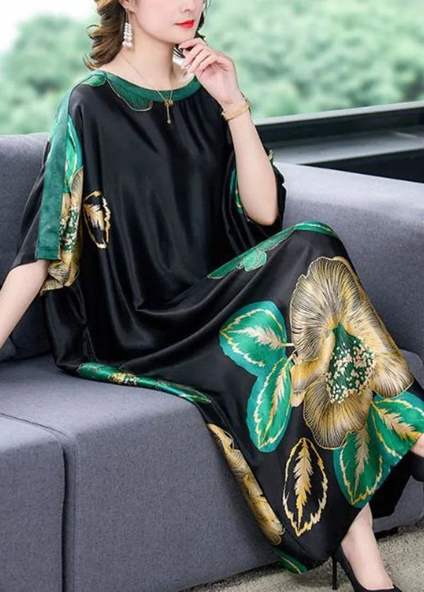 Loose Black O Neck Print Patchwork Silk Dresses Batwing Sleeve LY4541