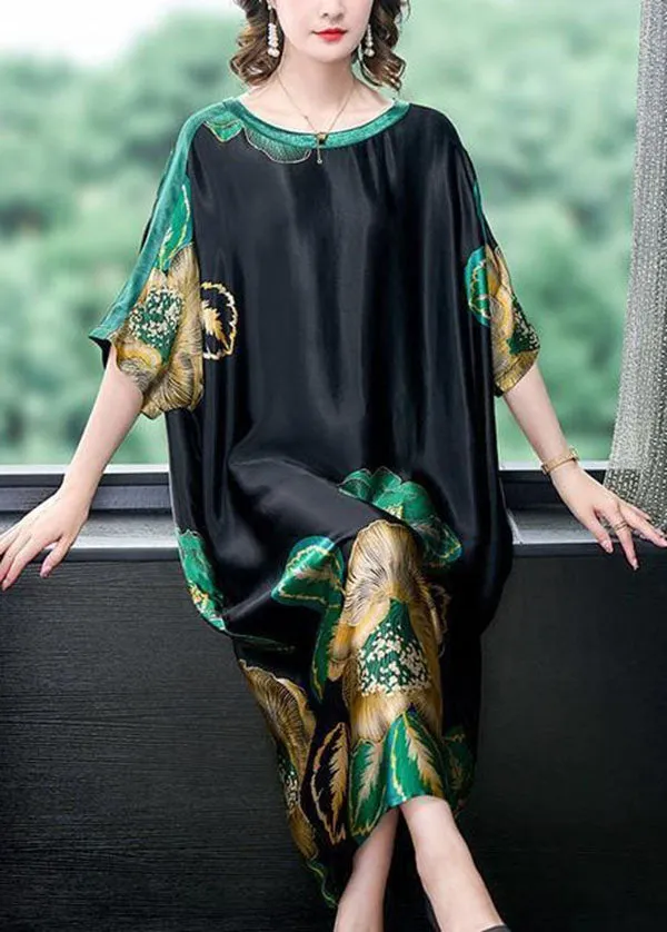 Loose Black O Neck Print Patchwork Silk Dresses Batwing Sleeve LY4541