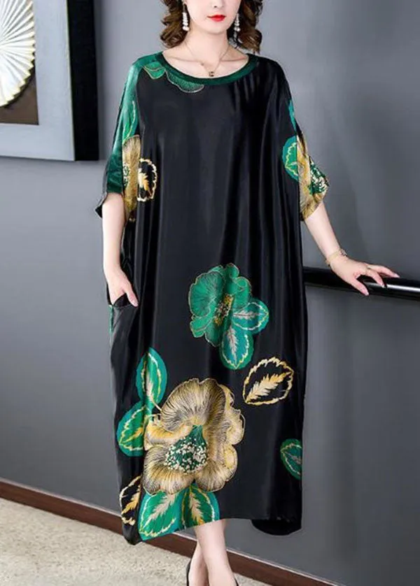 Loose Black O Neck Print Patchwork Silk Dresses Batwing Sleeve LY4541