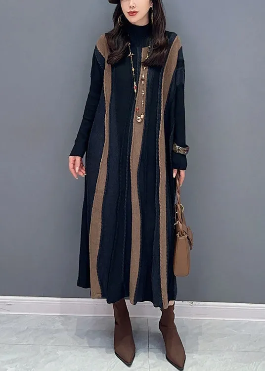 Loose Brown Striped Turtleneck Patchwork Knit Long Dresses Long Sleeve ML1444