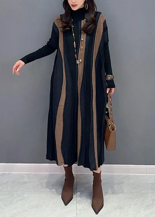 Loose Brown Striped Turtleneck Patchwork Knit Long Dresses Long Sleeve ML1444