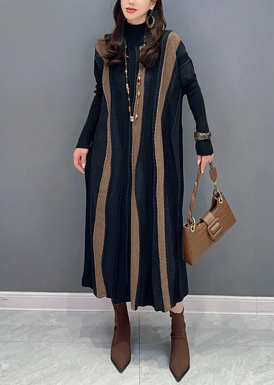 Loose Brown Striped Turtleneck Patchwork Knit Long Dresses Long Sleeve ML1444