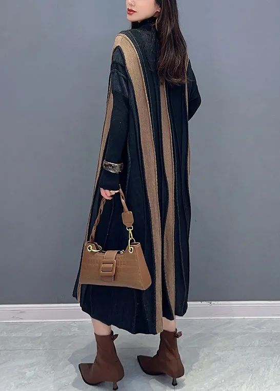 Loose Brown Striped Turtleneck Patchwork Knit Long Dresses Long Sleeve ML1444