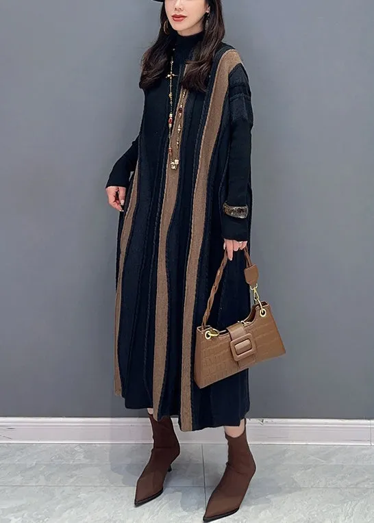 Loose Brown Striped Turtleneck Patchwork Knit Long Dresses Long Sleeve ML1444