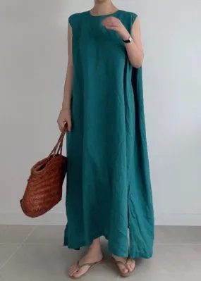 Loose Green O Neck Patchwork Cotton Dresses Sleeveless LY2182