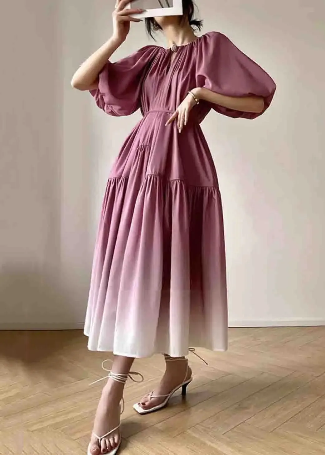 Loose Pink Tie Waist Wrinkled Patchwork Cotton Dresses Lantern Sleeve LY9062