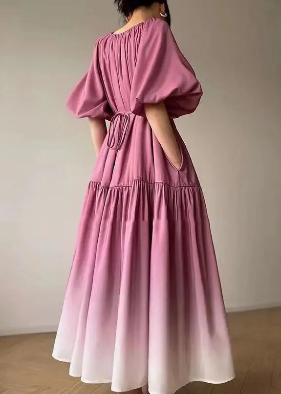 Loose Pink Tie Waist Wrinkled Patchwork Cotton Dresses Lantern Sleeve LY9062