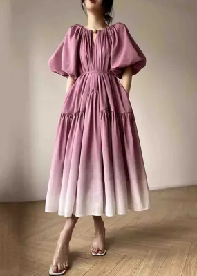 Loose Pink Tie Waist Wrinkled Patchwork Cotton Dresses Lantern Sleeve LY9062