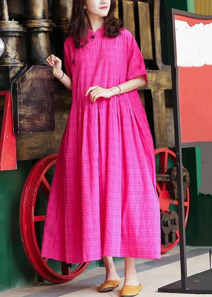 Loose Rose Button Pockets Linen Long Dresses Summer MN047