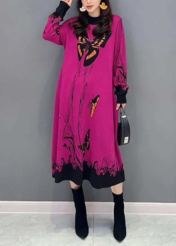 Loose Rose O-Neck Print Patchwork Knit Dresses Long Sleeve ML1445