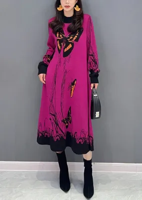 Loose Rose O-Neck Print Patchwork Knit Dresses Long Sleeve ML1445