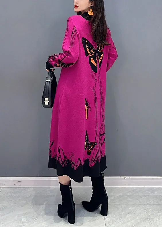 Loose Rose O-Neck Print Patchwork Knit Dresses Long Sleeve ML1445