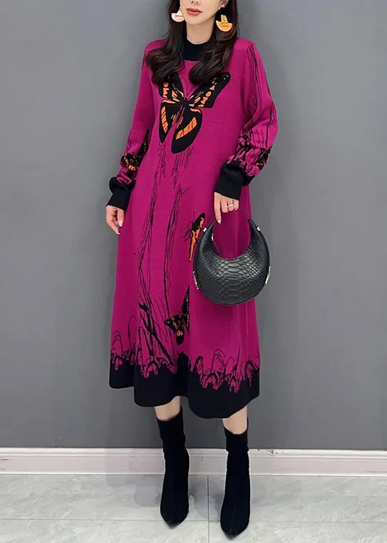 Loose Rose O-Neck Print Patchwork Knit Dresses Long Sleeve ML1445