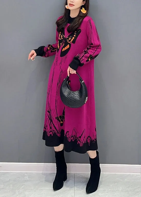 Loose Rose O-Neck Print Patchwork Knit Dresses Long Sleeve ML1445