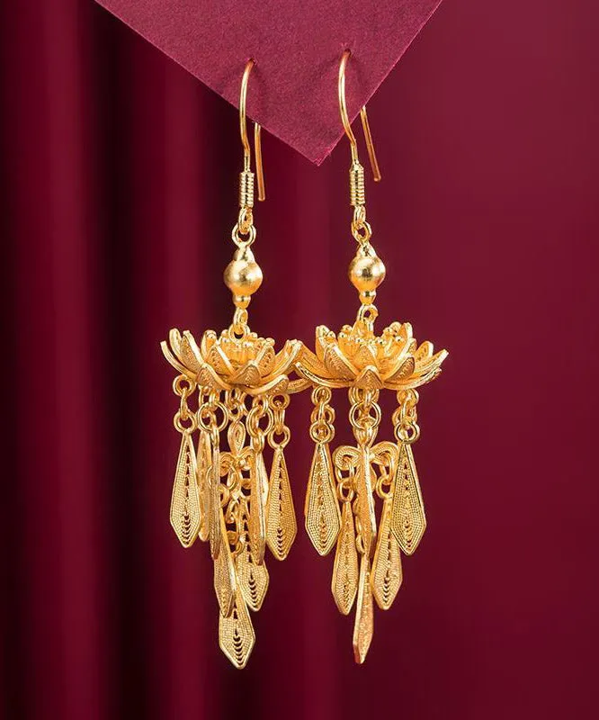 Loose Yellow Sterling Silver Overgild Lotus Tassel Drop Earrings