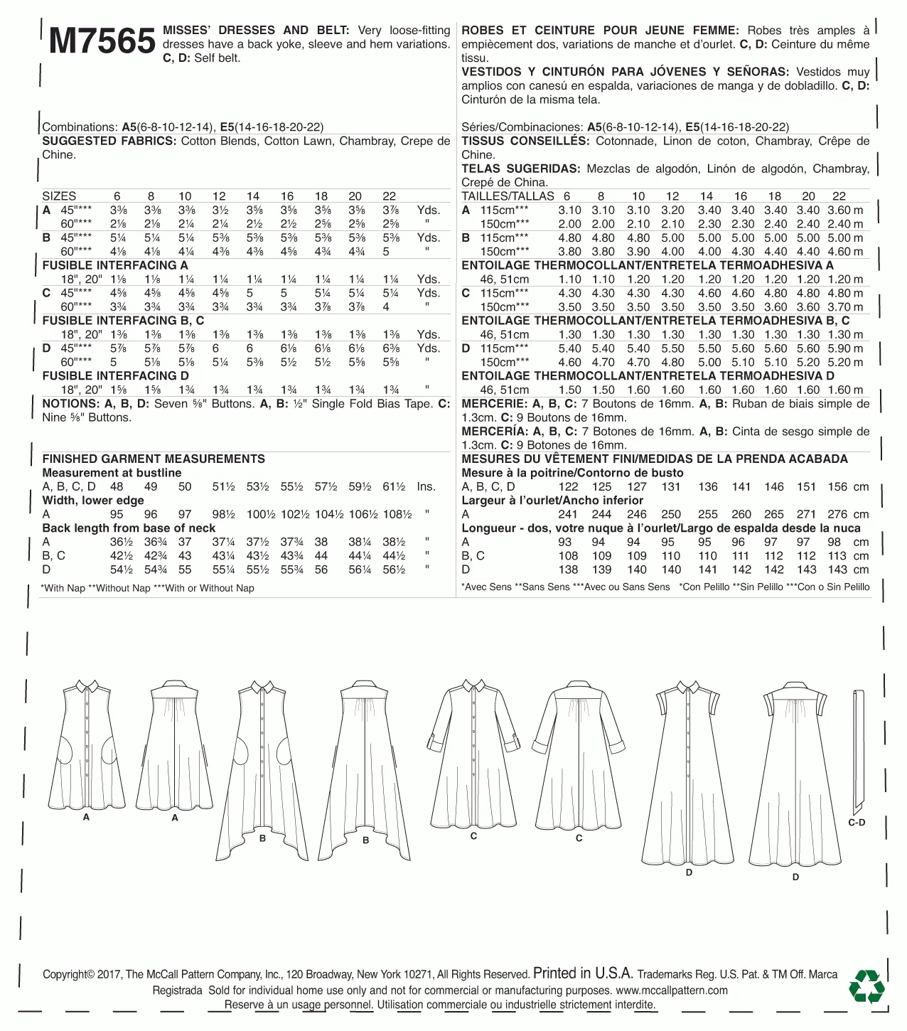 McCall's Pattern M7565 Misses' Shirtdresses with Sleeve Options, and belt