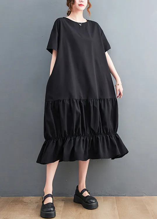 Modern Black Oversized Patchwork Wrinkled Cotton Dresses Summer LY7349