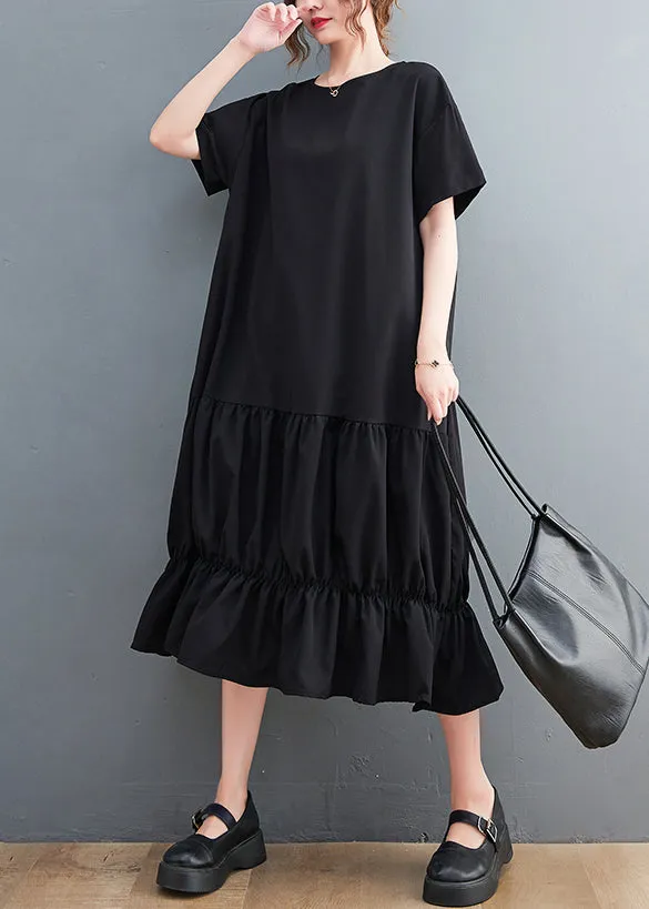 Modern Black Oversized Patchwork Wrinkled Cotton Dresses Summer LY7349