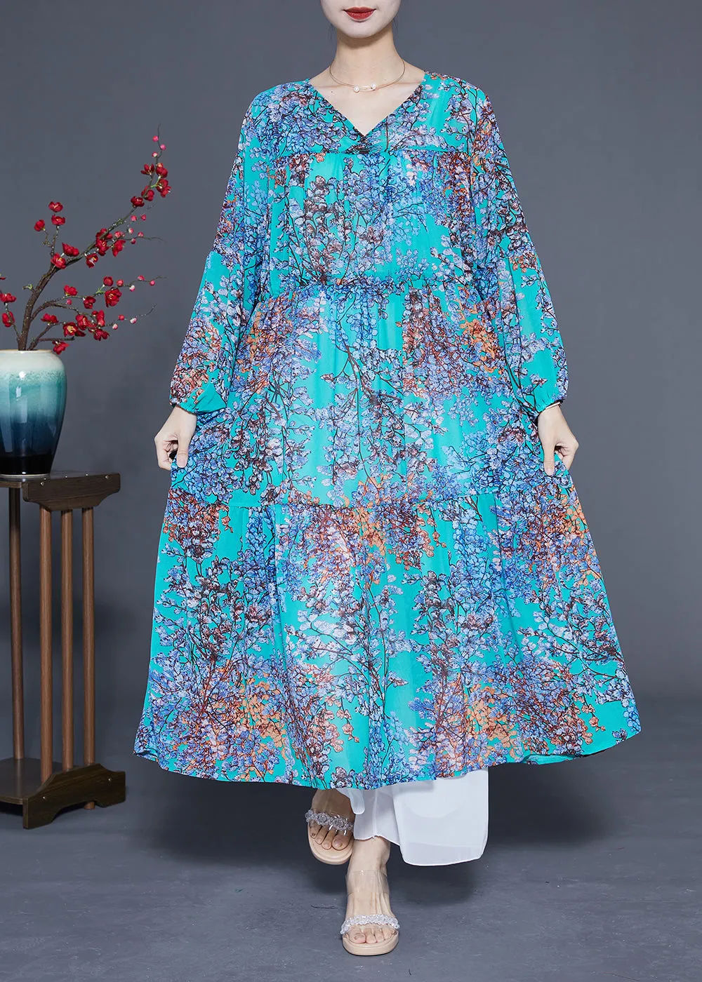 Modern Blue V Neck Patchwork Exra Large Hem Chiffon Long Dresses Spring LY1086