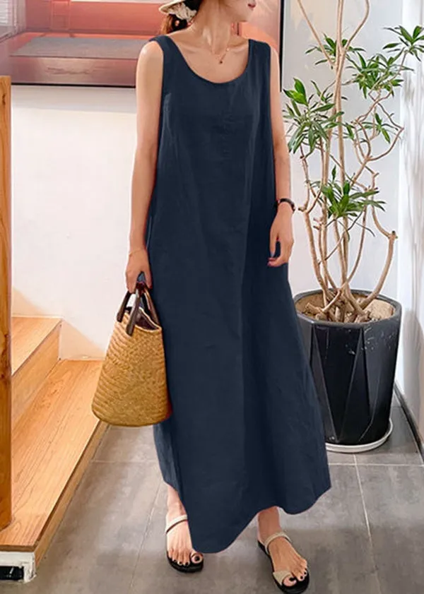 Modern Yellow O-Neck Slim Fit Cotton Long Dresses Sleeveless LY2570