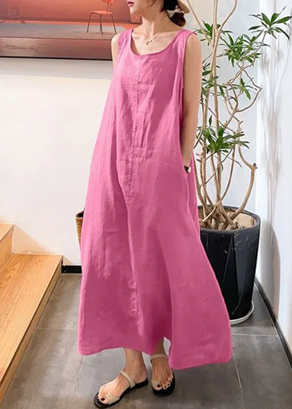 Modern Yellow O-Neck Slim Fit Cotton Long Dresses Sleeveless LY2570