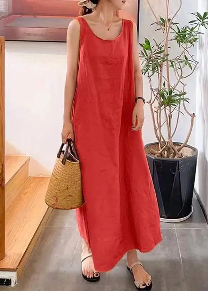 Modern Yellow O-Neck Slim Fit Cotton Long Dresses Sleeveless LY2570