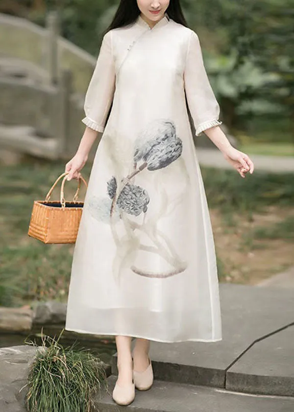 Natural Beige Wrinkled Print Tulle Gown Dresses Spring LY1703