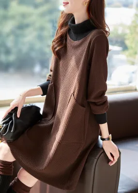 New Coffee Hign Neck Pockets Patchwork Warm Fleece Dresses Winter RL021