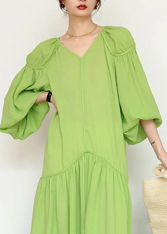 Organic Green V Neck Wrinkled Patchwork Long Dresses Lantern Sleeve UU1039