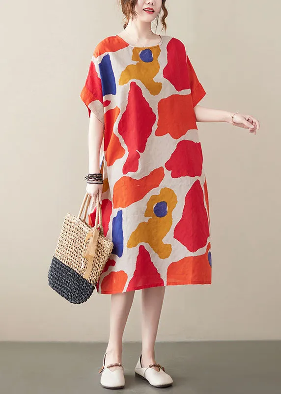 Red Print Cotton Holiday Dresses O-Neck Short Sleeve AC2093