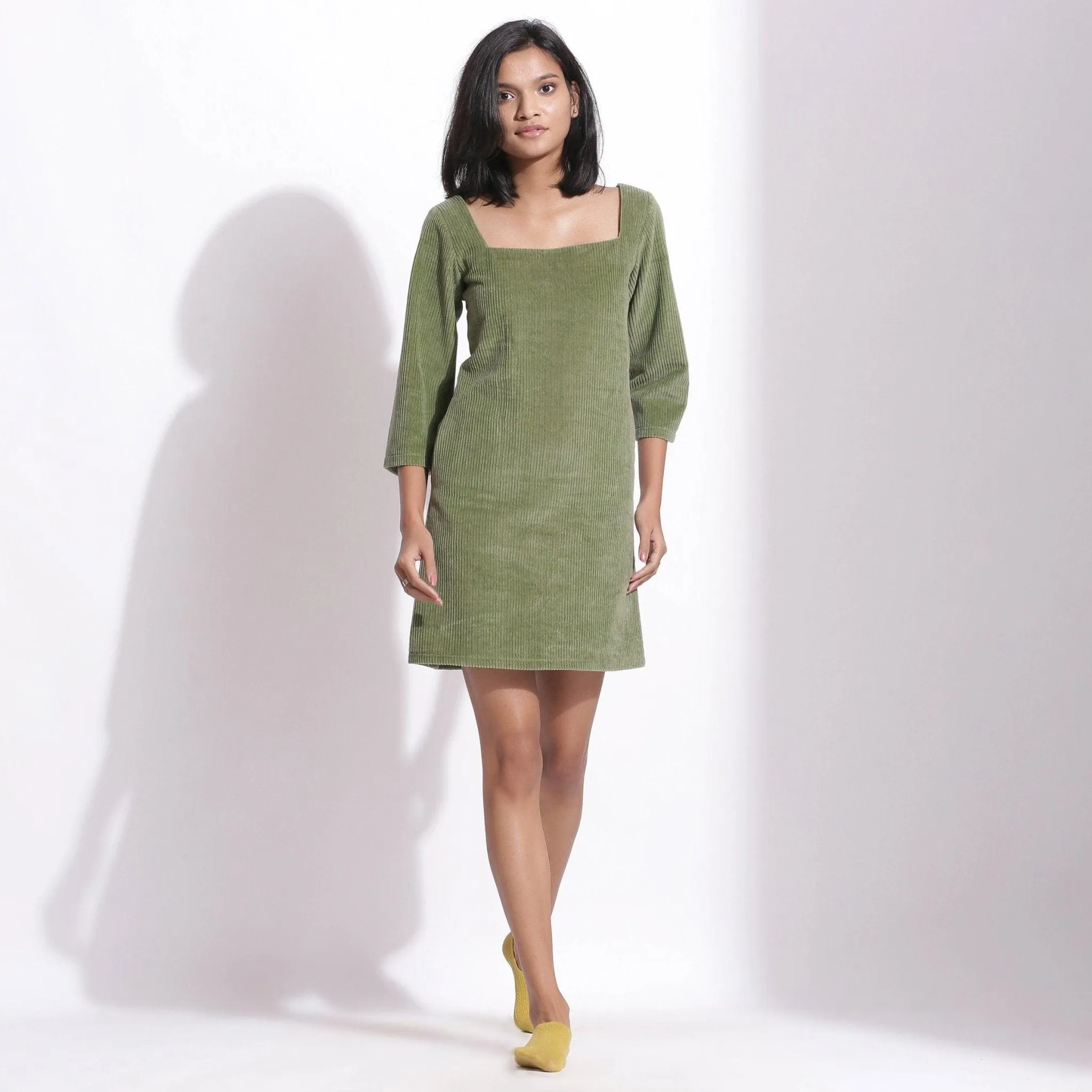 Sage Green Warm Cotton Corduroy Short Shift Dress