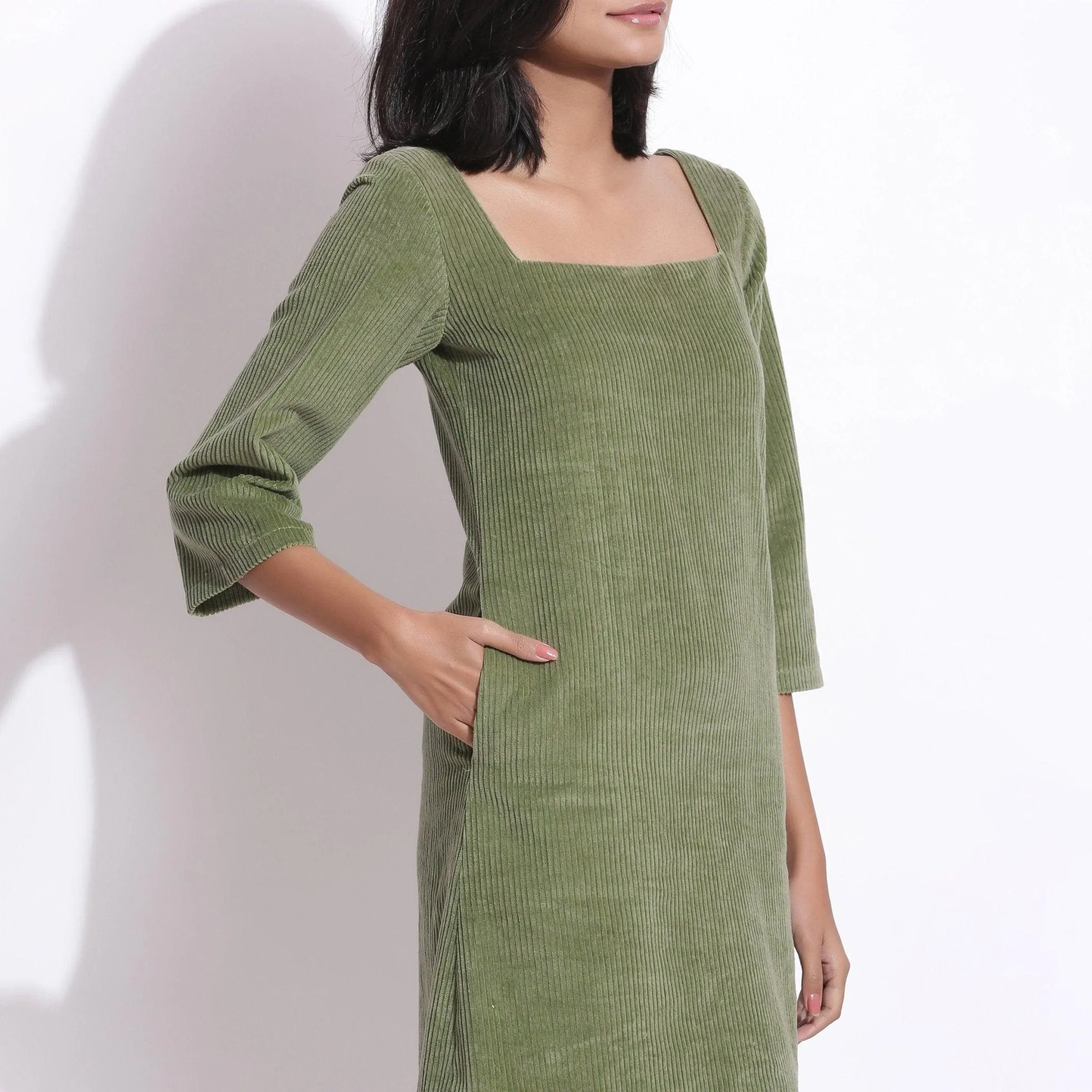 Sage Green Warm Cotton Corduroy Short Shift Dress