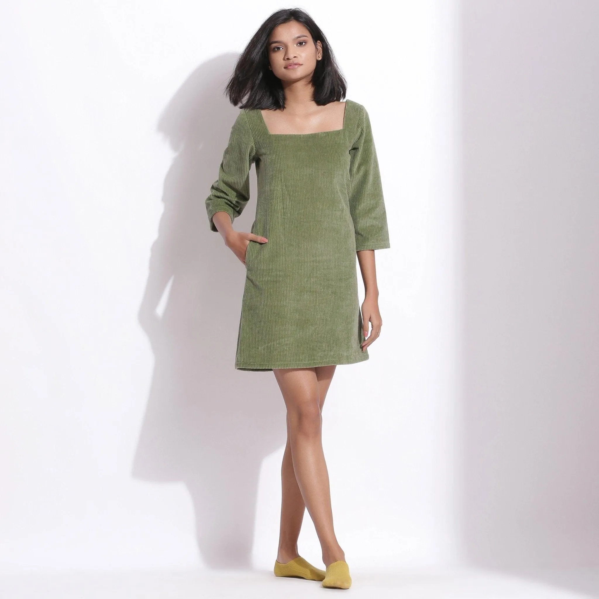 Sage Green Warm Cotton Corduroy Short Shift Dress