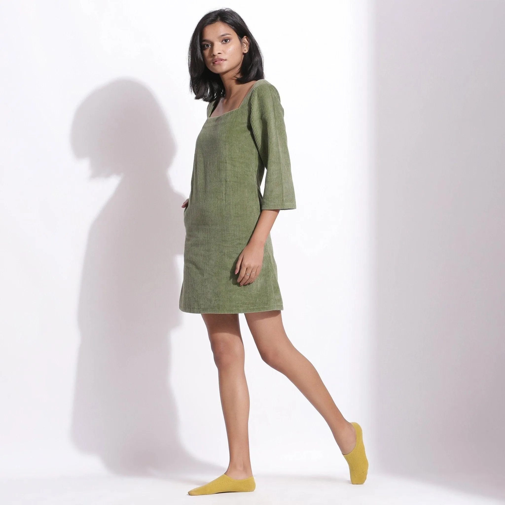 Sage Green Warm Cotton Corduroy Short Shift Dress