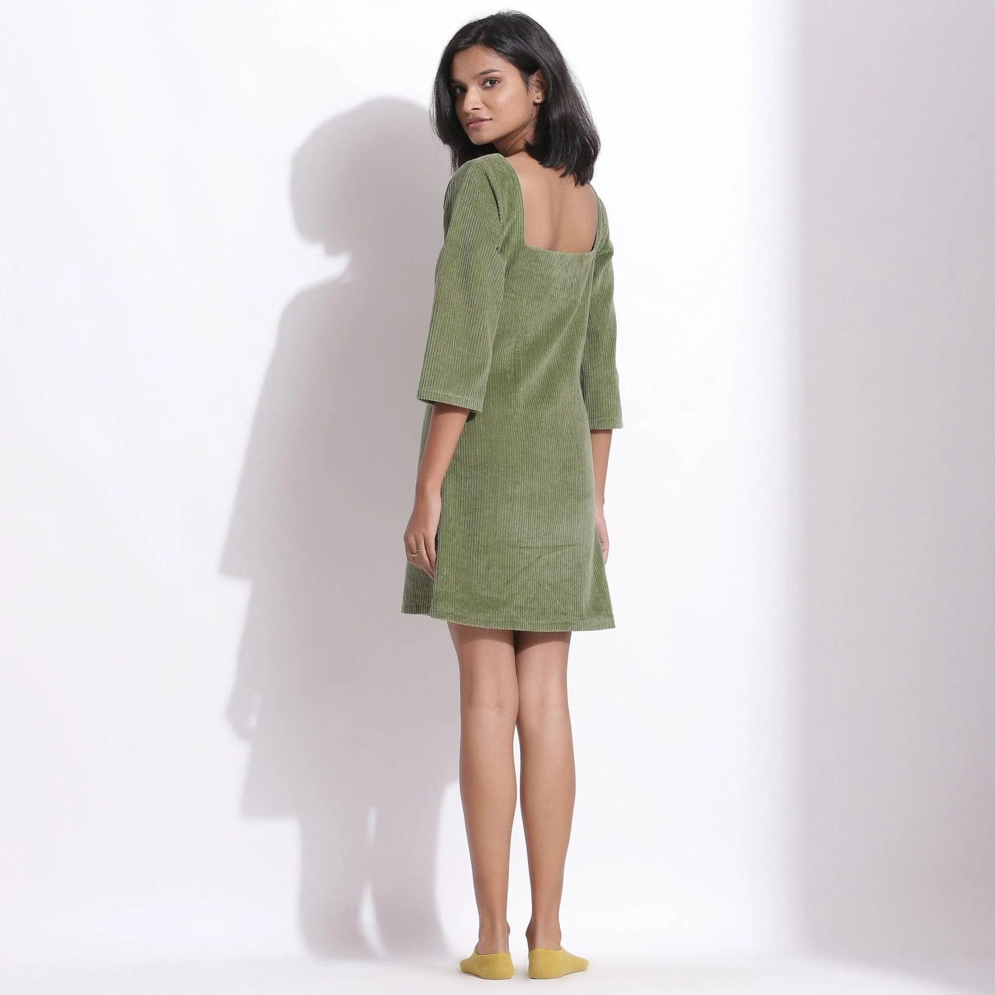 Sage Green Warm Cotton Corduroy Short Shift Dress