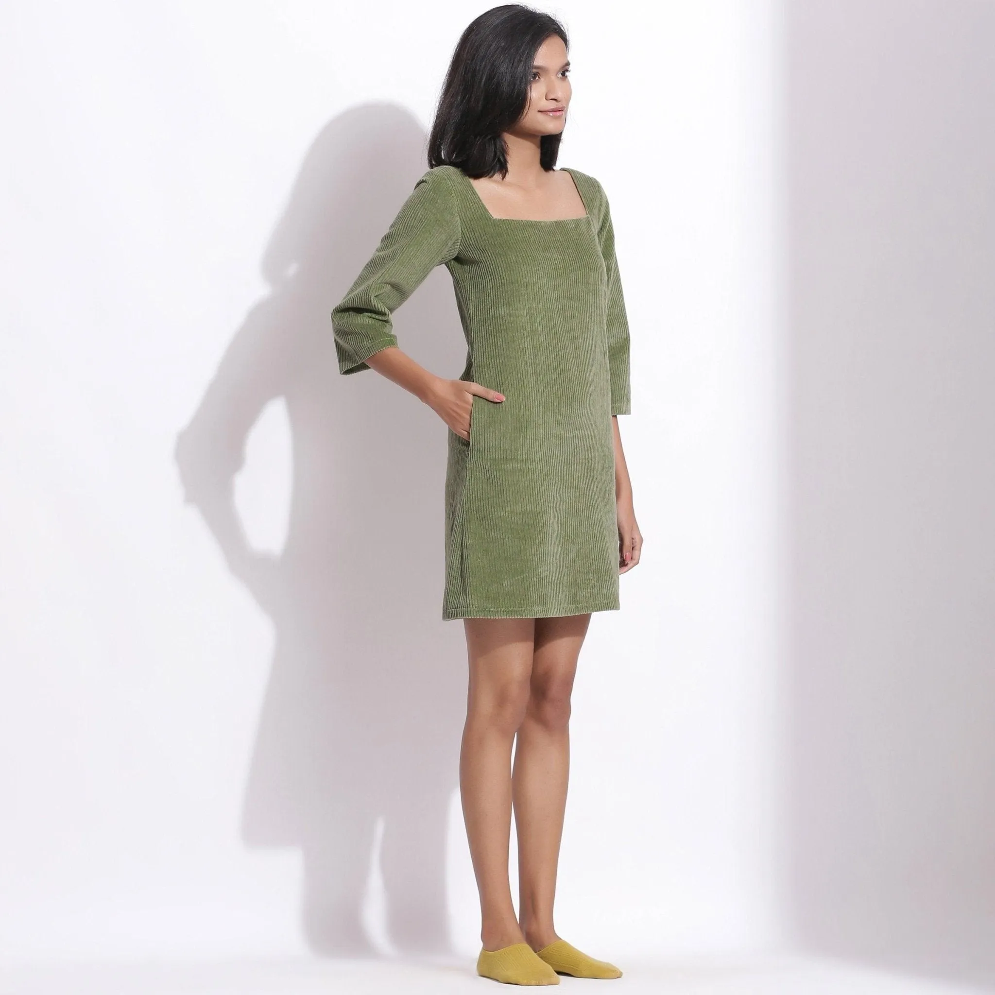 Sage Green Warm Cotton Corduroy Short Shift Dress